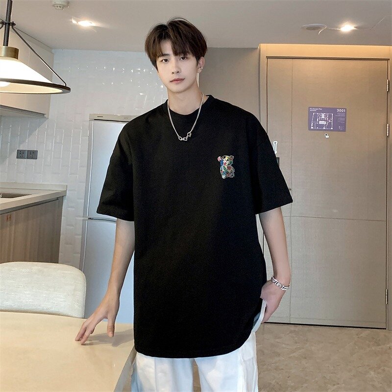 Camiseta masculina de manga curta gola redonda, impressão solta popular juvenil, algodão puro versátil