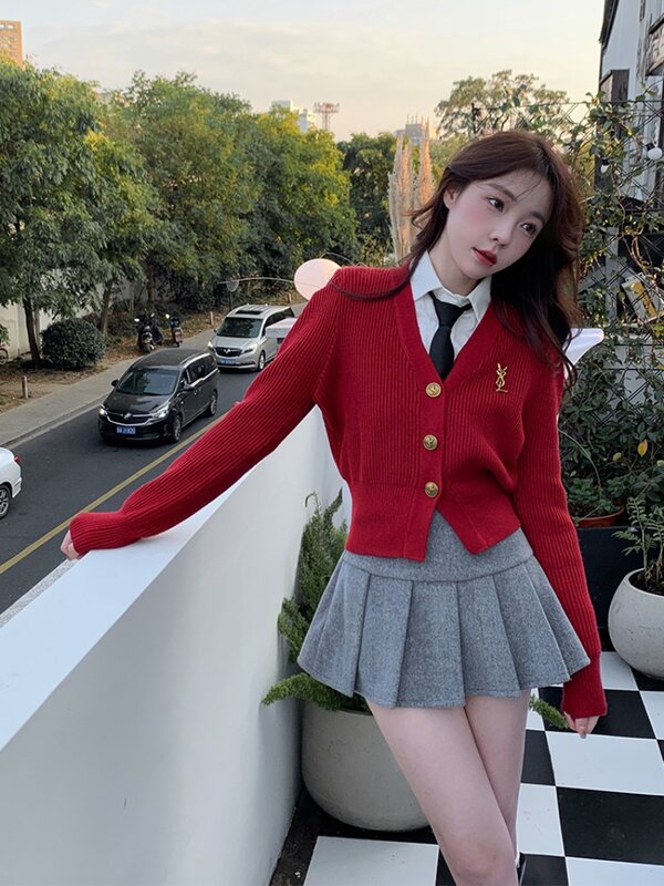 Miiiix Christmas Red Sweater V-neck Cardigan Women's Autumn and Winter Short Top Gentle College Style Knit Sweater Jacket