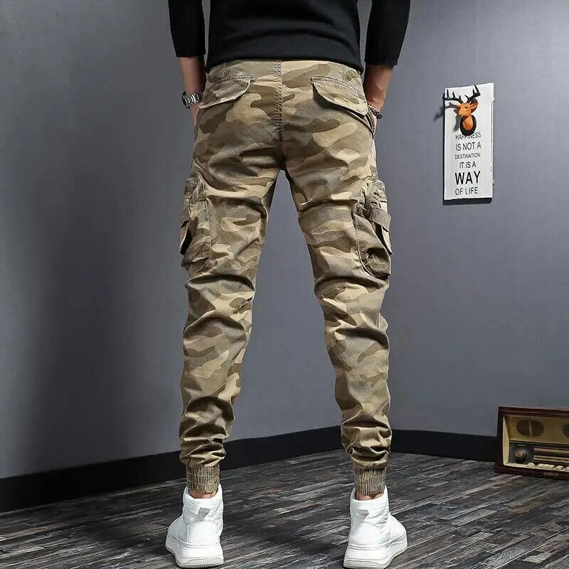 2023 męskie wiosenne spodnie na lato elastyczny pas kieszenie ze sznurkiem sportowe spodnie z nadrukiem kamuflażu spodnie Cargo D137