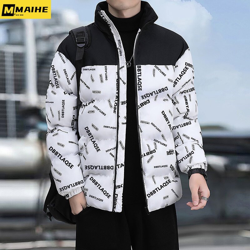 Jaqueta masculina casual com patchwork de algodão estampado, roupa exterior à prova de vento, impermeável, inverno, 2022