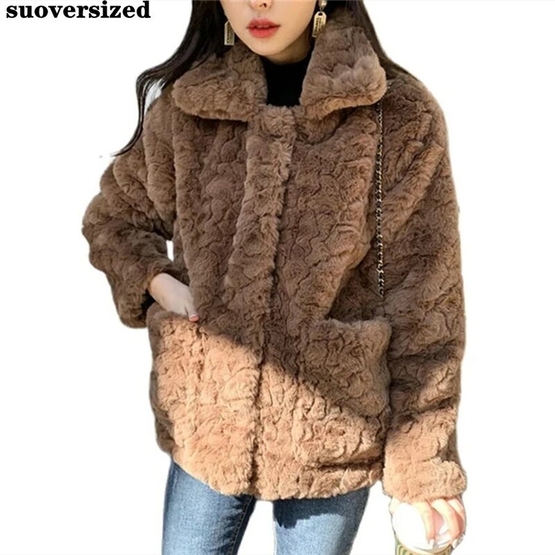 Inverno quente engrossar casaco de pele de coelho falso feminino jaqueta de pelúcia coreano rua solta peludo velo curto outwear neve wear chaquetas