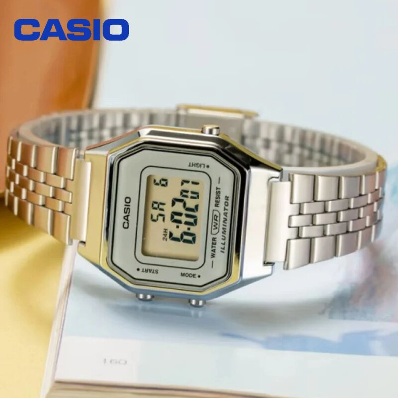Casio jam tangan Digital Retro pria, arloji bisnis emas perak kecil seri, jam tangan persegi kecil multifungsi tanggal Stopwatch