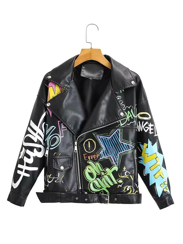 Abrigo de marca de moda para mujer, chaqueta de cuero PU con estampado colorido de Graffiti, abrigos Punk suaves, chaqueta recortada delgada de locomotora, Top de cuero