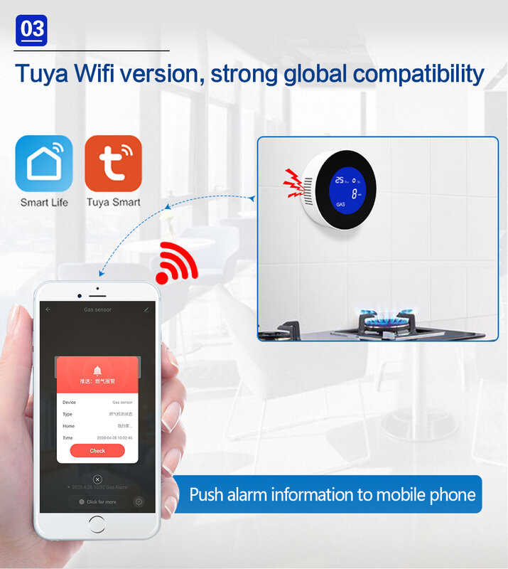 Tuya-Capteur de fuite de gaz naturel intelligent, Wi-Fi, ecor, moniteur d'alarme, affichage numérique LCD, capteur de température, maison, cuisine