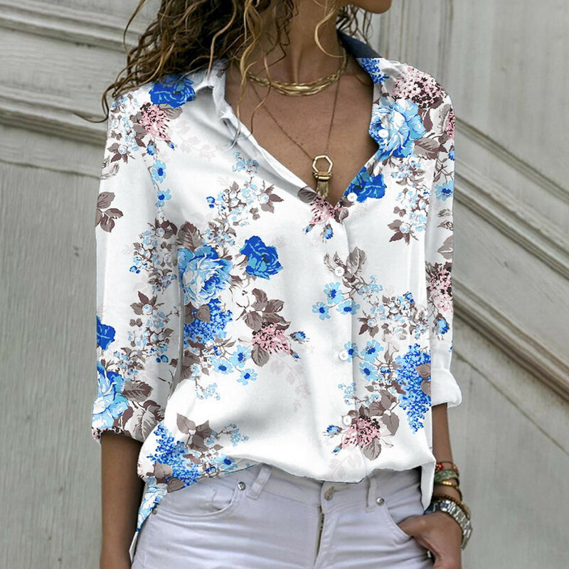 Женская Свободная блузка с длинным рукавом, Повседневная рубашка большого размера с отложным воротником и принтом, лето 2024