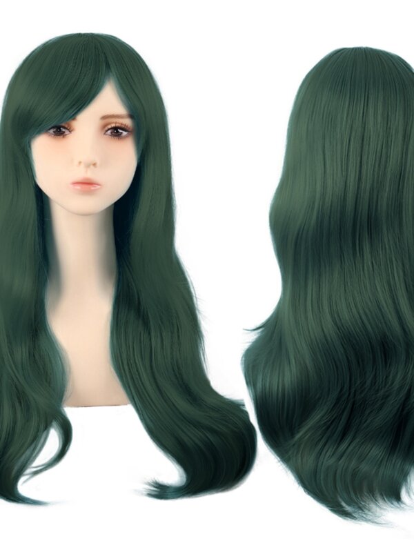 Женский парик из аниме микро-вьющихся длинных волос, высокотемпературное волокно, темно-зеленая боковая челка, универсальный головной убор 70 см