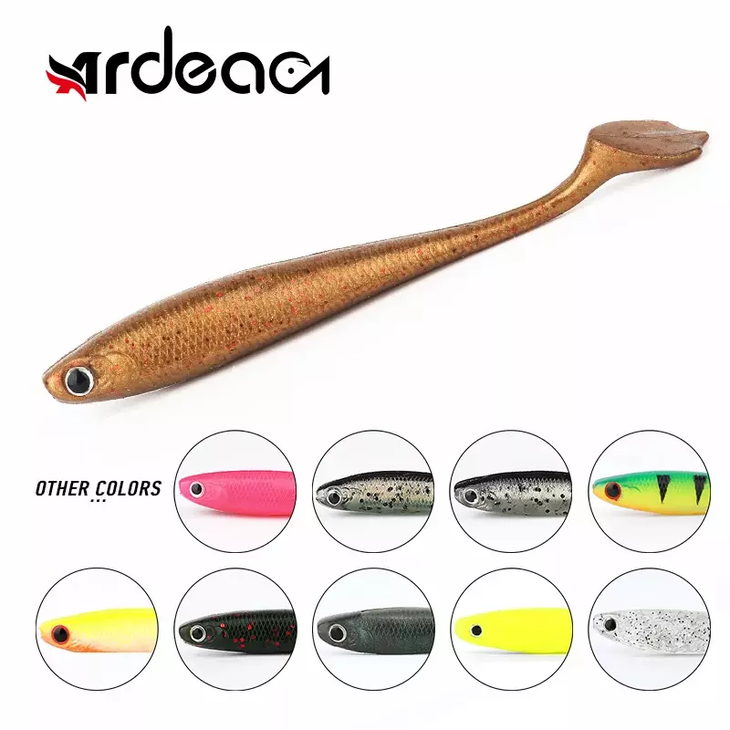 Ardea-Cebo blando de silicona con ojos 3D, señuelo Artificial con forma de pez, Wobblers, cola de paleta de pato y Palma, aparejos de lubina, 95mm/5,9g, 5 uds.