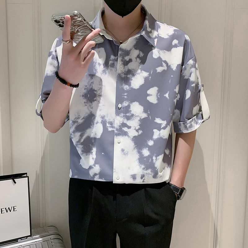 Summer Male Polo-neck Printing Casual Fashion Blouse Hombre Short Sleeve Loose All-match Cardigan Shirt Men Oversized Trend Top