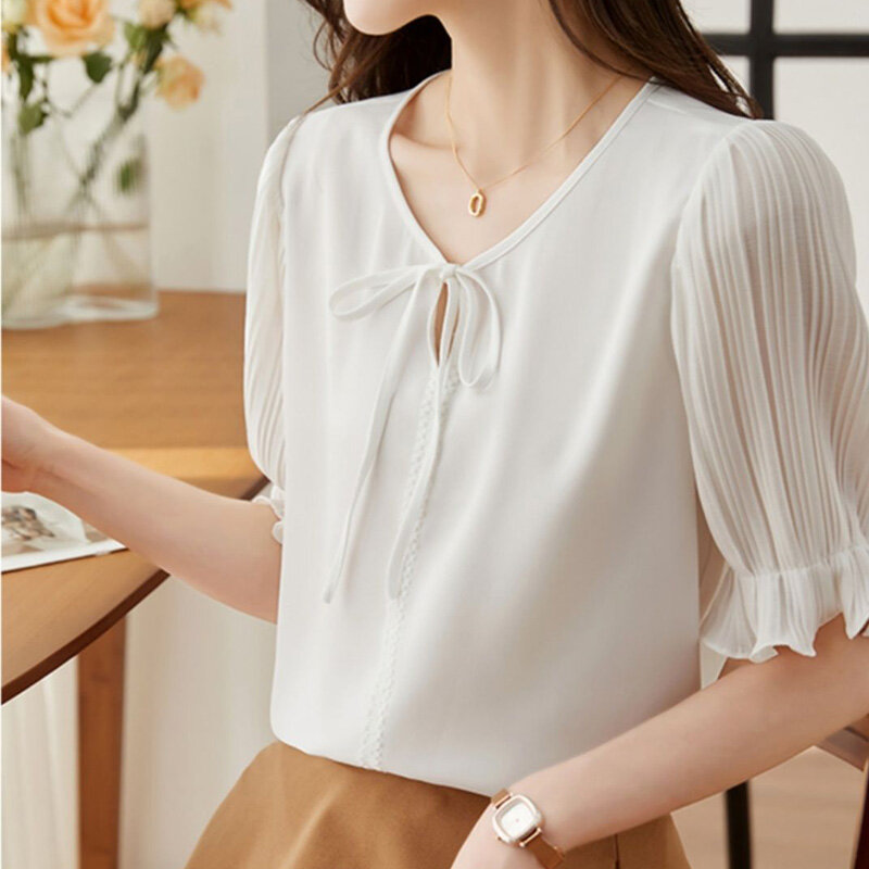 2024 New Summer Loose Simplicity Casual Office Lady Women's Shirt Elegant Fashion BOW Decorations V Neck Short Sleeve Chic Tops