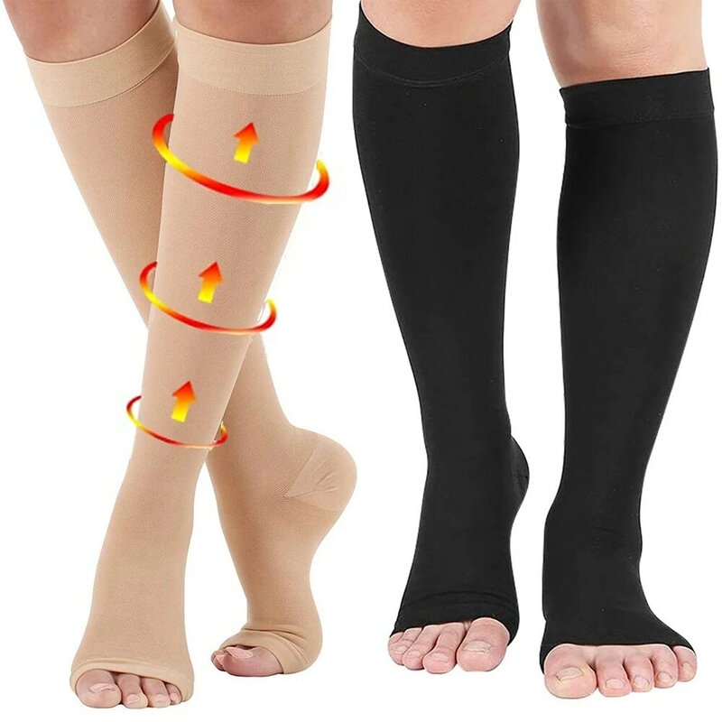 2Pcs/Pair Open Toe Calf Compression Socks 20-30 mmHg Knee High Support Stockings,Long Calf Compression Sleeve,Shin Splint Sleeve