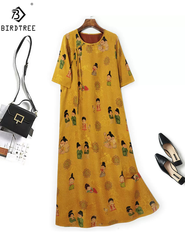 Birdtree-女性用の本物のシルクの中国のドレス、水ガーゼ、半袖、漫画のパーティードレス、32mm、夏、新しい、d446107qm、2024