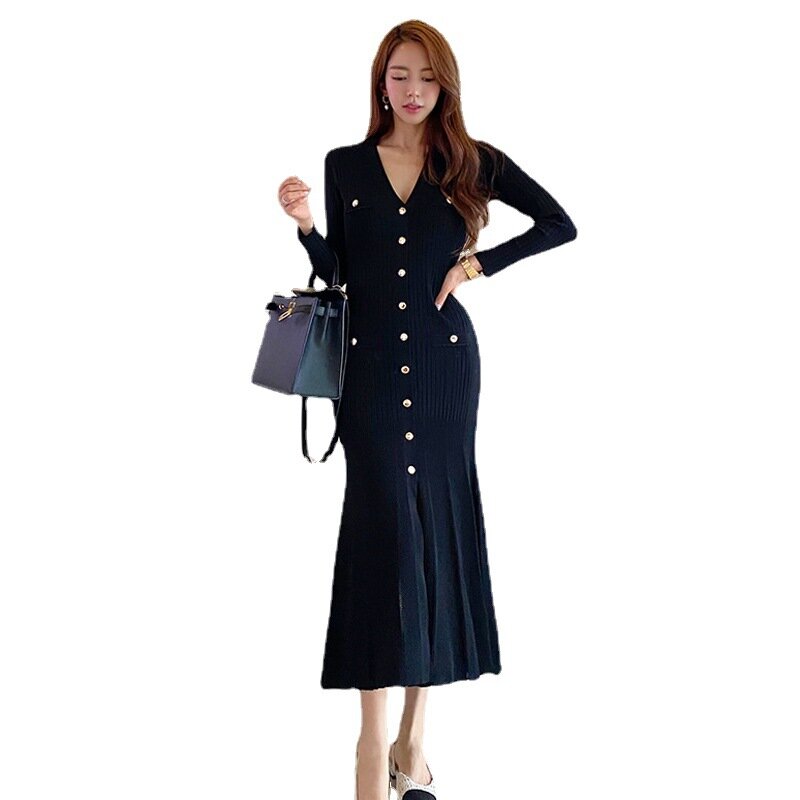 Женское винтажное платье-русалка, Элегантное Вечернее Платье макси с длинным рукавом и V-образным вырезом, модель 2023 в Корейском стиле на осень