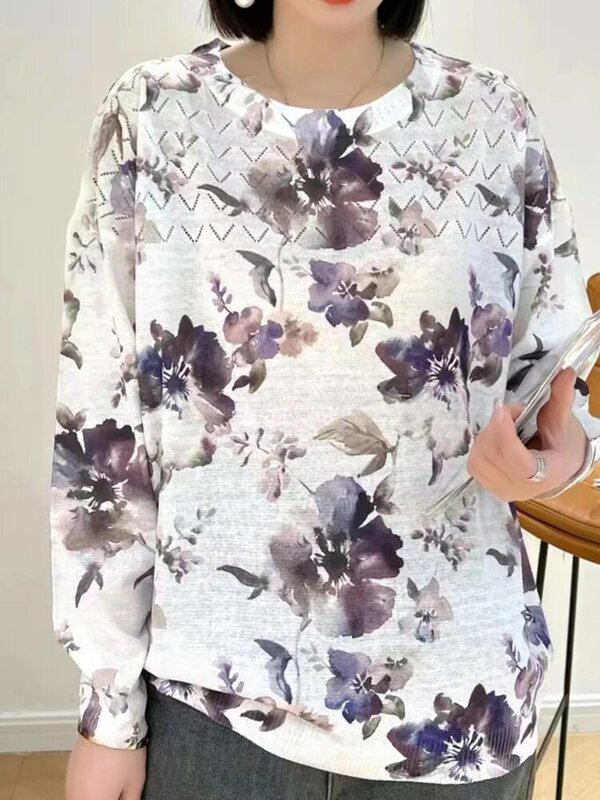 Camisola feminina com estampa floral manga longa, gola O, pulôver de malha, suéter feminino casual, primavera, verão, novo