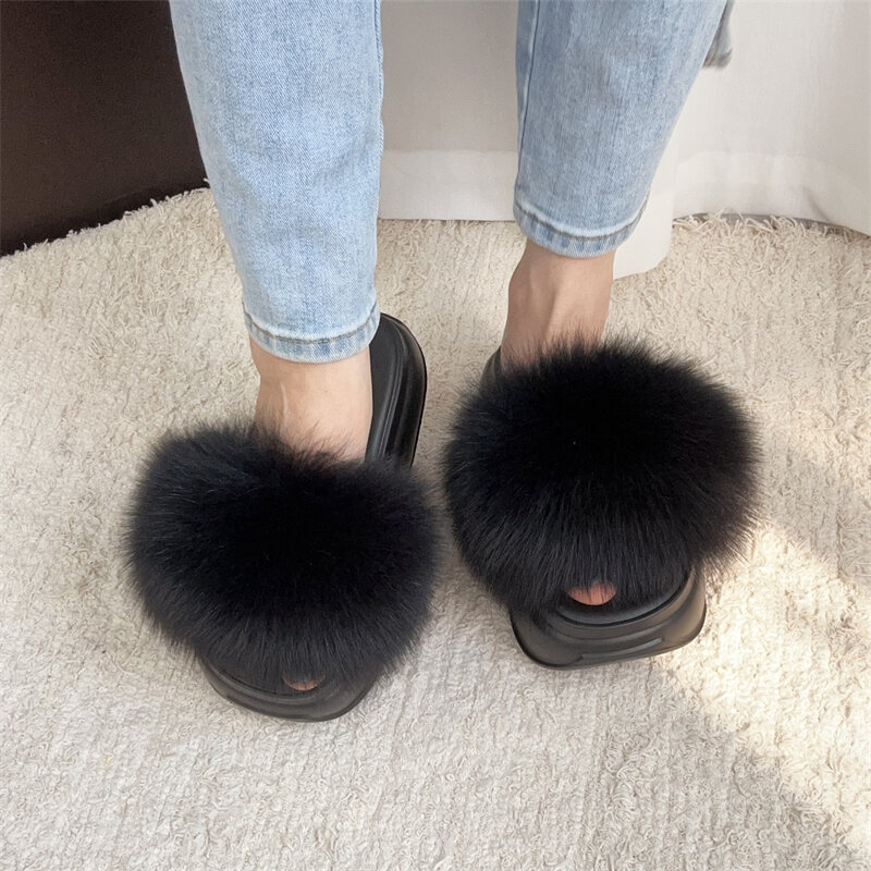 Zapatillas de piel auténtica de PVC para mujer y niña, toboganes de piel de mapache marrón de peluche, piel de zorro de tamaño grande para el hogar