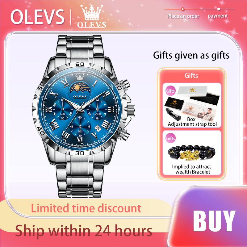 OLEVS-Montre-bracelet à quartz pour homme, phase de lune, modules Shoous, calendrier, horloge, marque de mode, authentique, originale