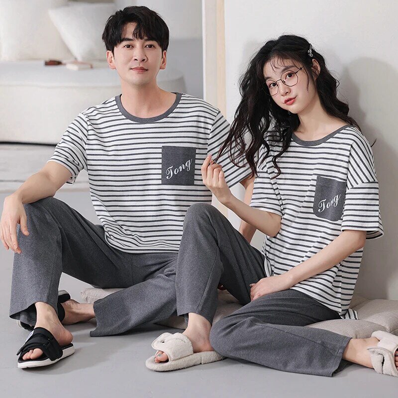 Couple pajamas striped women's summer pure cotton short sleeved set men's large all cotton thin home clothing all cotton