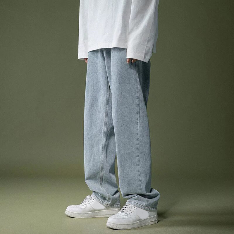 Брюки мужские с широкими штанинами, прямые мешковатые джинсы в Корейском стиле, Студенческие Брюки с эластичным поясом