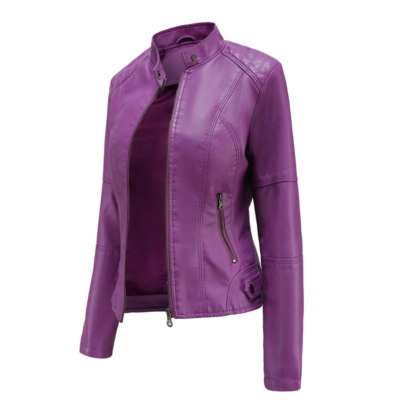 Jaqueta de couro clássico para as mulheres, jaqueta moto moda