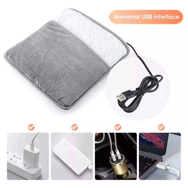 USB Carregando almofada de aquecimento elétrica do pé, Universal Soft Plush Lavável Pés Aquecedor Aquecedor, Tapete de aquecimento doméstico, Inverno