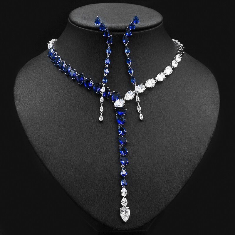 Conjunto de joias para mulheres, emenda de 2 cores, gota d'água, pedra sintética de zircão, colar e brincos, vestido bonito, 1 conjunto
