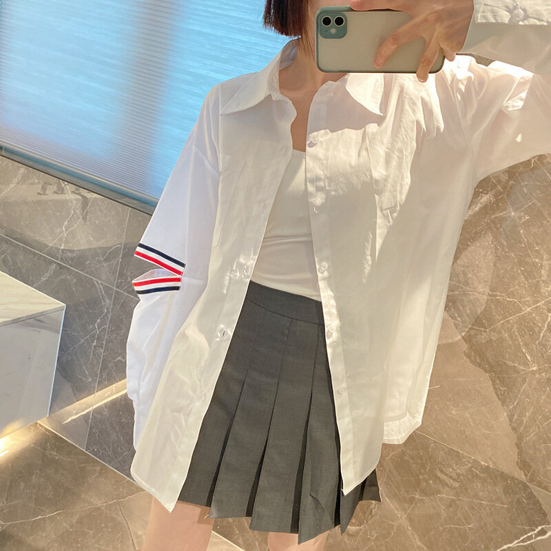 Высококачественная корейская модная рубашка TB в студенческом стиле, нишевая рубашка с открытым рукавом для щенка, свободная и ленивая парная куртка, сетчатая, красная
