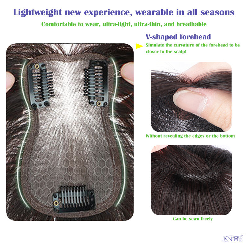JSNME Topper de cabello humano Natural con flequillo Invisible para mujer, Clip en Toppers, piezas de cabello Real Remy atadas a mano, extensión de cabello