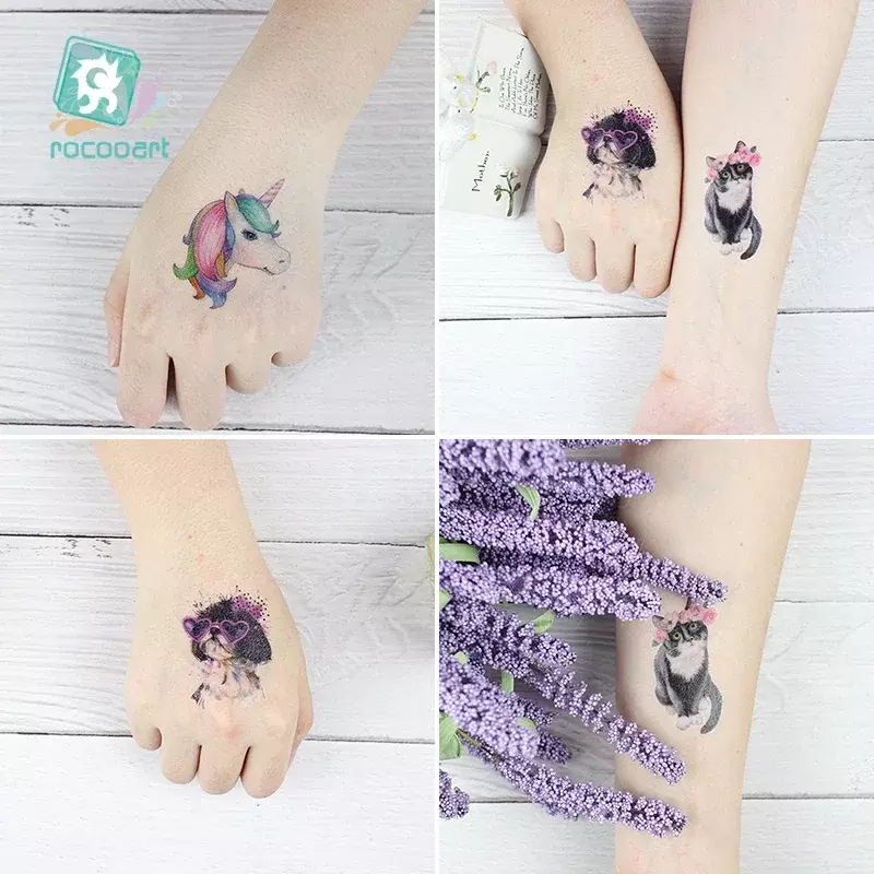 Rocooart Glass Dog Tattoos Cute Animals Temporary Tattoo Sticker For Body Art Watercolor Tatoo Waterproof Tatto Hand Taty