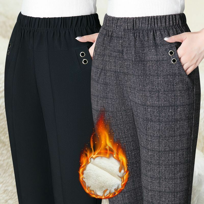 กางเกงขาตรงเอวยางยืดผ้าฟลีซขนแกะใหม่ฤดูใบไม้ร่วง/ฤดูหนาว2023ชุดทรงหลวมและเข้ารูปพร้อมกางเกงผู้หญิงประดับเพชร