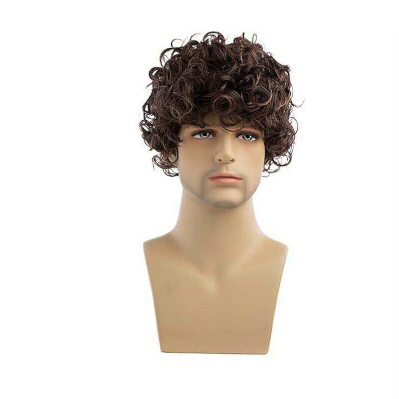 Men Short Brown Wigs With Bangs Layered Fluffy Synthetic Mens Wig for Daily Party Breathable Fake Hair