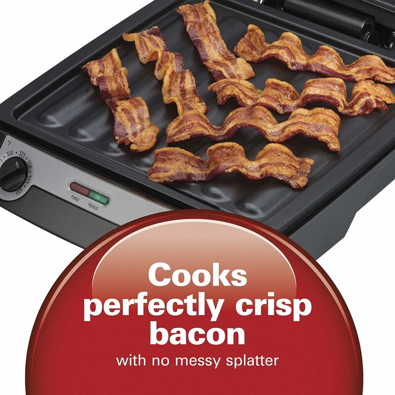 4-in-1 Indoor Grill & Electric Griddle Combo with Bacon Cooker, Opens Flat to Double Cooking Surface, Removable Nonstick Plates