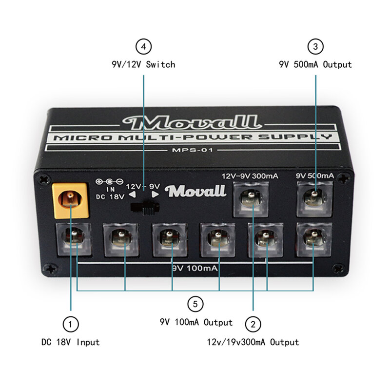 Movall MPS-01 기타 페달 전원 공급 장치, 8 절연 출력, 간섭 방지, 18W 다른 출력 효과 전원 기타 액세서리