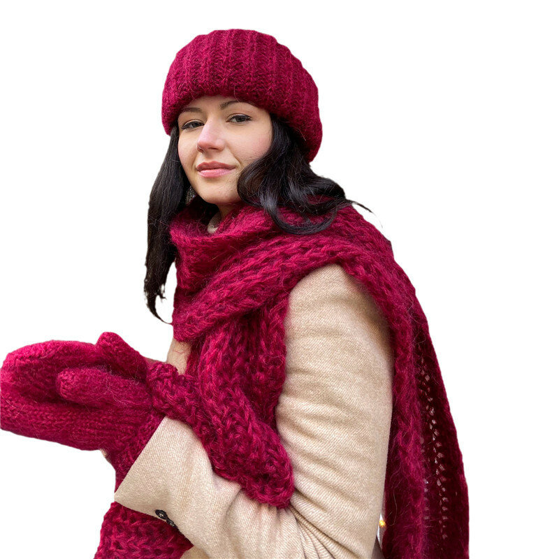 3 Pcs/Set Women Knit Hat Scarf Gloves Soft Warm Winter Solid Color Fashion Accessories for Cold Weather