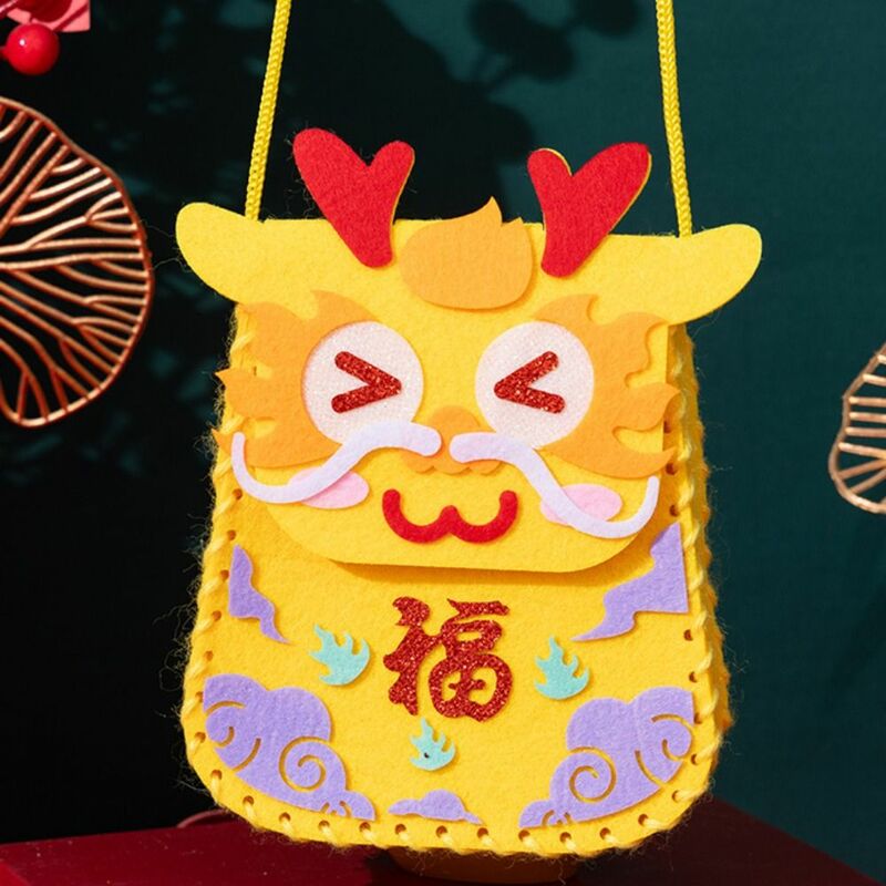 중국 새해 DIY 럭키 백, 드래곤 패턴 수제 숄더백, 행잉 로프 포함, 중국 용수철 축제 공예 용품