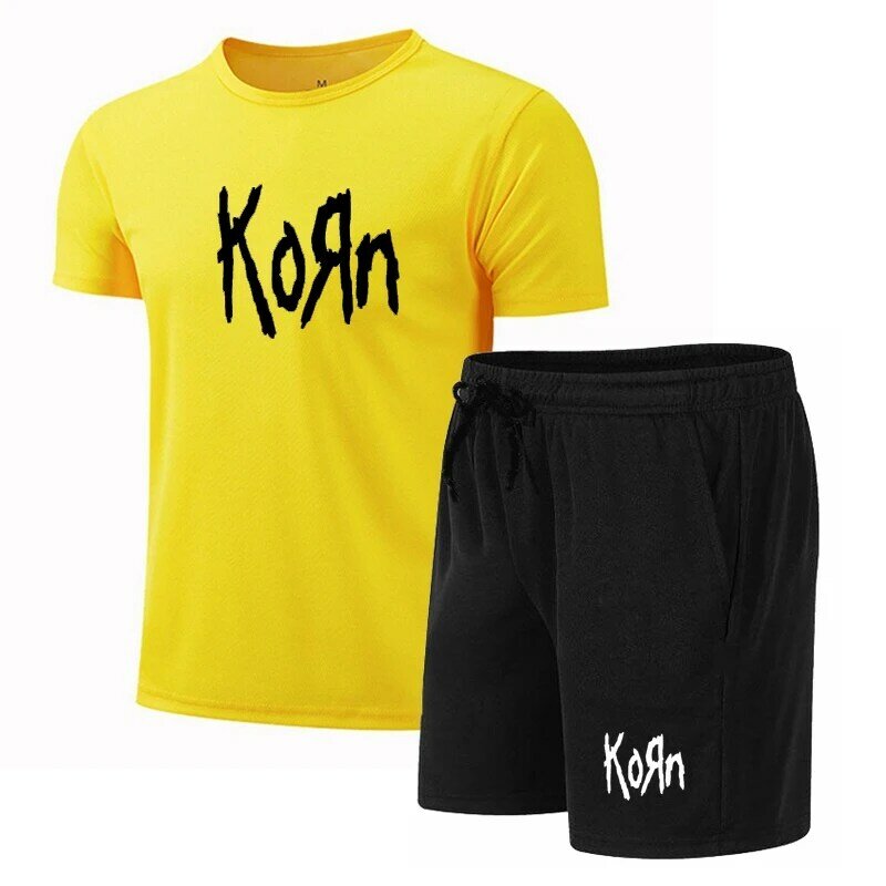 ชุดกีฬาฤดูร้อนของผู้ชายชุดวิ่ง Baju fitnes Korn เสื้อยืด + กางเกงขาสั้นชุดสปอร์ตบรา2ชิ้นระบายอากาศได้ดี
