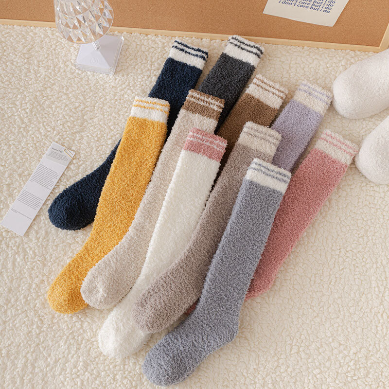Chaussettes molletonnées colorées en corail, chaussettes de couchage épaisses pour la maison, deux barres, bas de sol chauds pour hiver