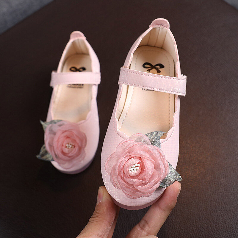 Pérola laço grandes flores meninas couro sapatos primavera crianças princesa antiderrapante macio plana sapatos de dança estudantes desempenho sapatos