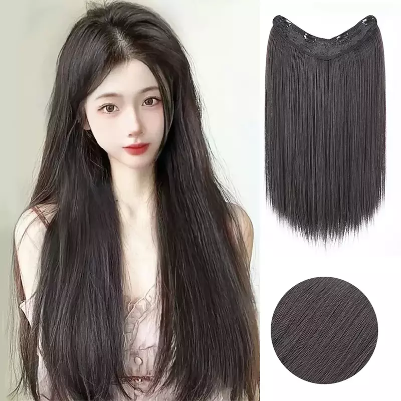 ALXNAN HAIR 50CM Synthetic Straight V-Shaped Hair Extensions High Resistant Temperature Fiber Black Brown Hairpiece