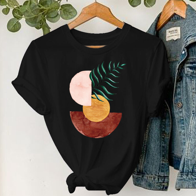 Женская футболка с принтом солнца и растений, черная футболка с коротким рукавом в стиле Харадзюку, женские топы, 2022