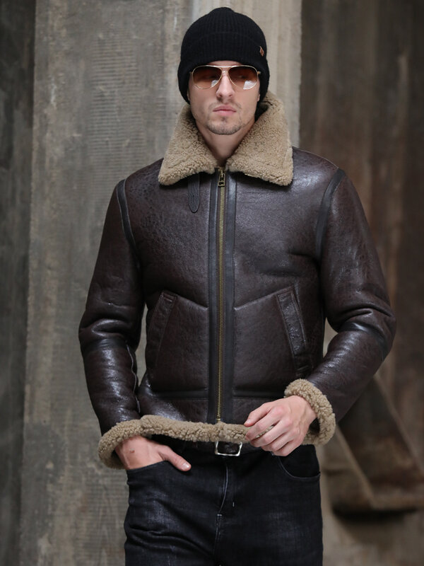 Jaket kulit dan bulu pria, pakaian musim dingin pria B3 jaket hangat pendek dengan kerah berdiri, jaket kulit asli F