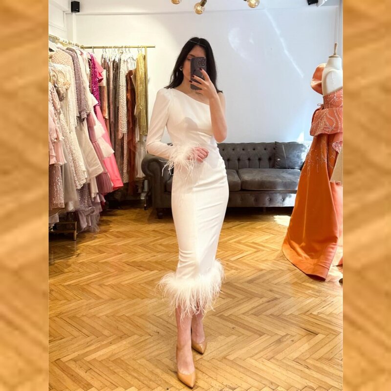 Ball Dress Evening Saudi Arabia Jersey Feather Ruched Birthday A-line One-shoulder Bespoke Occasion Gown Midi Dresses