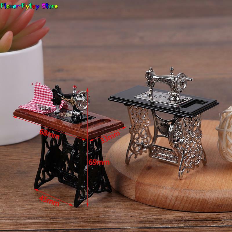 Miniature Furniture Wooden Sewing Machine with Thread Scissors Accessories for Dolls House Toys for Girls Kids Dollhouse Decor