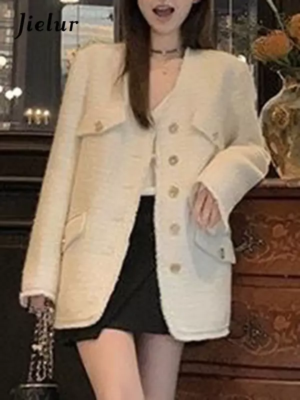 Jielur Winter Büro Dame Mode weibliche Jacken Streetwear V-Ausschnitt einfache reine Farbe einreihige gefälschte Taschen Frauen Jacken