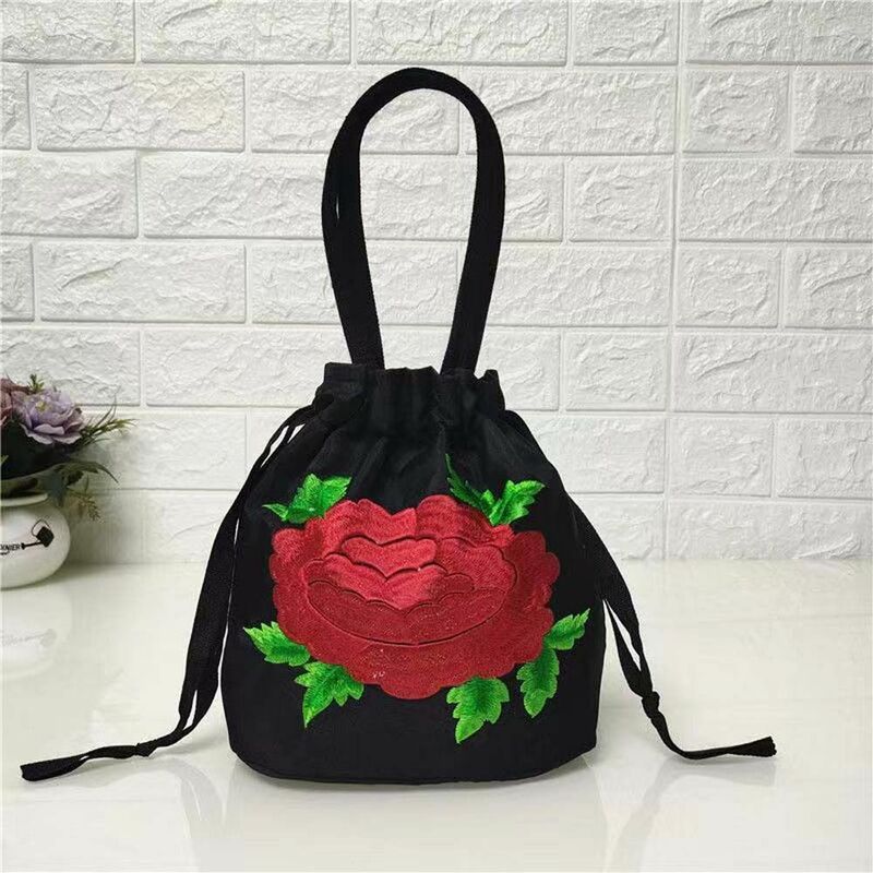 Hanfu Drawstrings Bag para a mamãe, flor rosa, seda cetim, bolsa pequena, carteira, armazenamento coreano, flor bordada, telefone