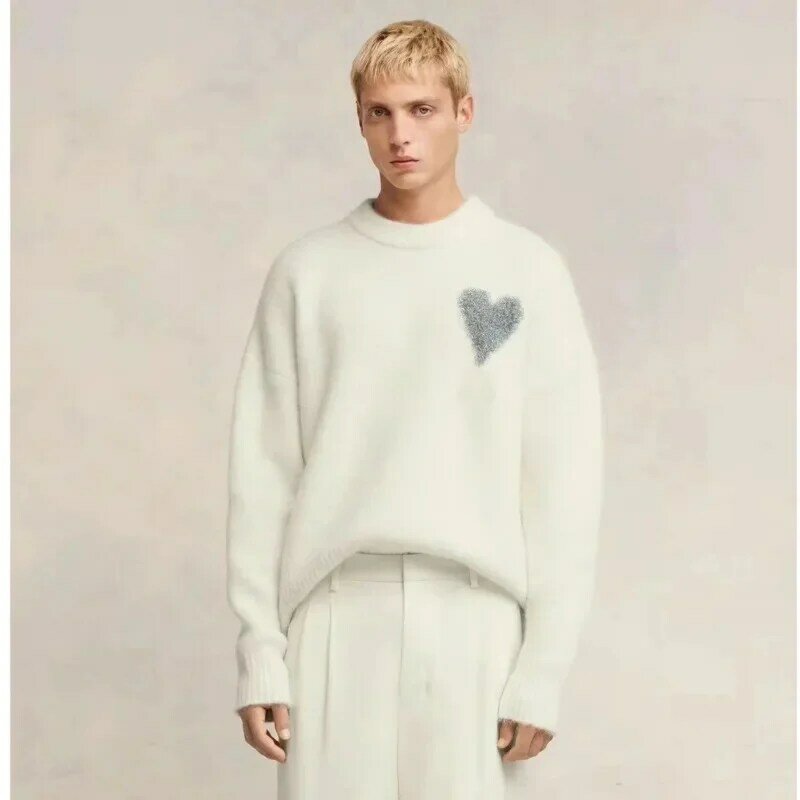 Camisola casual bordada a coração letra, pulôver solto de algodão, homens e mulheres, roupas da moda, outono, 2024
