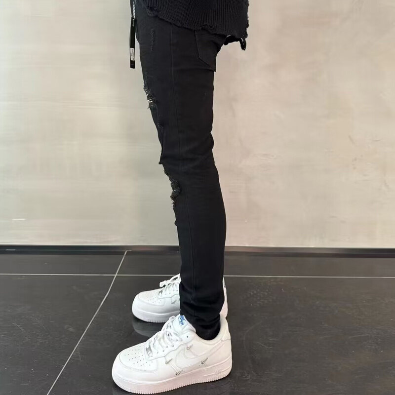 Street Fashion Men Jeans Black Stretch Skinny Fit Ripped Jeans Beading Patched Designer Hip Hop Brand Pants Men Punk Trousers