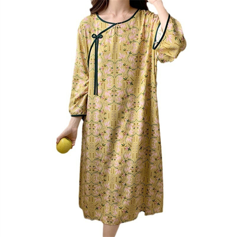 女性用長袖ナイトドレス,ルーズフィット,快適,通気性,中国風プリント,大きいサイズ,夏