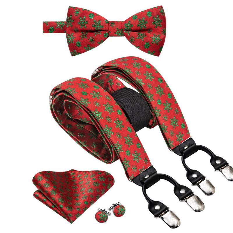 Hi-Tie Christams Red Green Silk Mens Suspender Fashion Suspender Xmas Bow Tie Leather Metal 6 Clips Suspender Braces Wholesale
