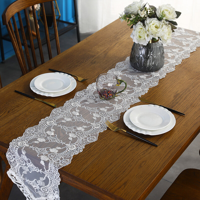 Bandera de mesa de encaje de tela hueca blanca para fiestas y bodas, Bandera de mesa de estilo europeo ligera