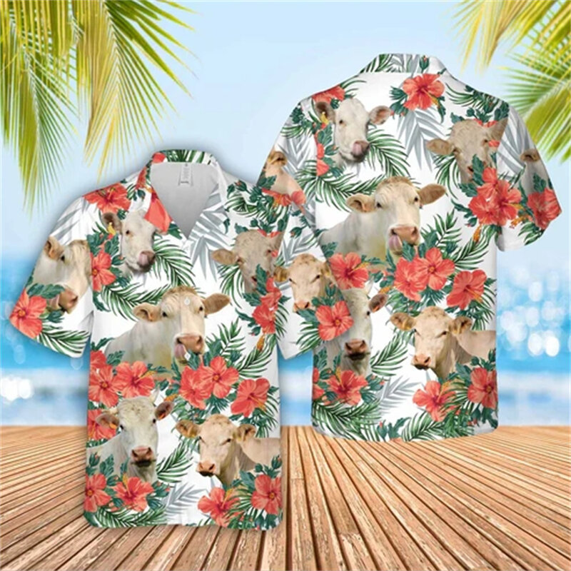 남성용 애니메이션 3D 프린트 꽃 셔츠, 하와이안 셔츠, 해변 반팔 패션 상의, 티 셔츠, 남성 블라우스, 카미사, 6xl