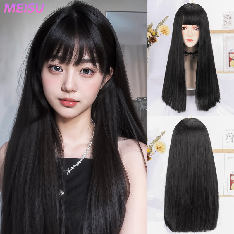 Meisu-女性用の長い黒の滑らかなかつら,22インチの髪,合成繊維,耐熱性,柔らかく自然なパーティーや自撮り